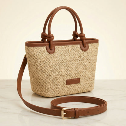 Bolso Valeria · + Correa GRATIS · Rafia y Piel Anudada